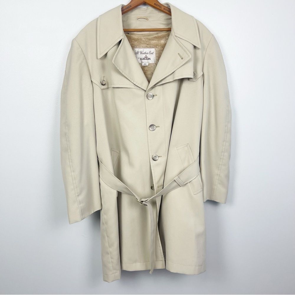 Vintage Grais All Weather Trench Coat Polyester  Sz 42 Faux Fur Zip Out Liner
